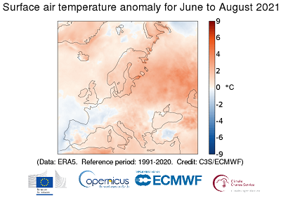 Anomalia di temperatura per l'estate 2021 in Europa